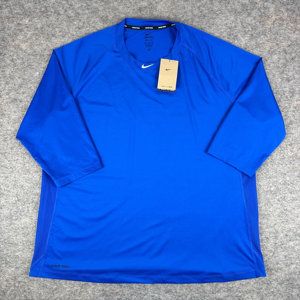 Nike Pro Dri Fit Stock Dry 3QT Baseball Practice Shirt Blue Mens XXL 2XL